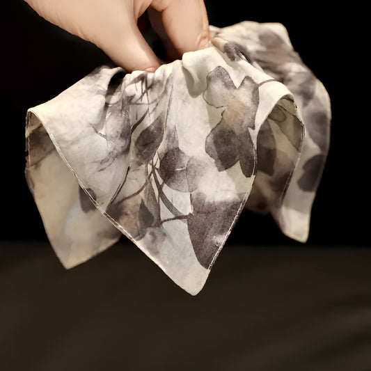 "Zen Mist" Pure Ramie Oversized Scarf Scrunchie — Ink-Wash Botanic