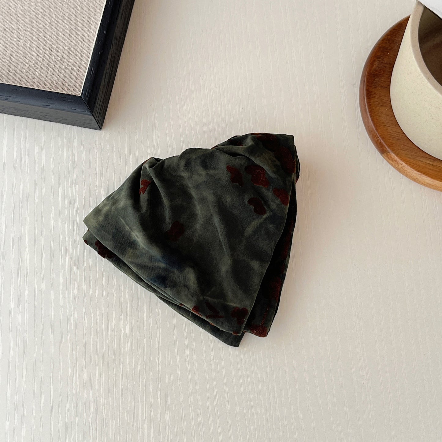 "Liquid Velvet" 3D Flocked Floral Oversized Scarf Scrunchie — Deep Forest