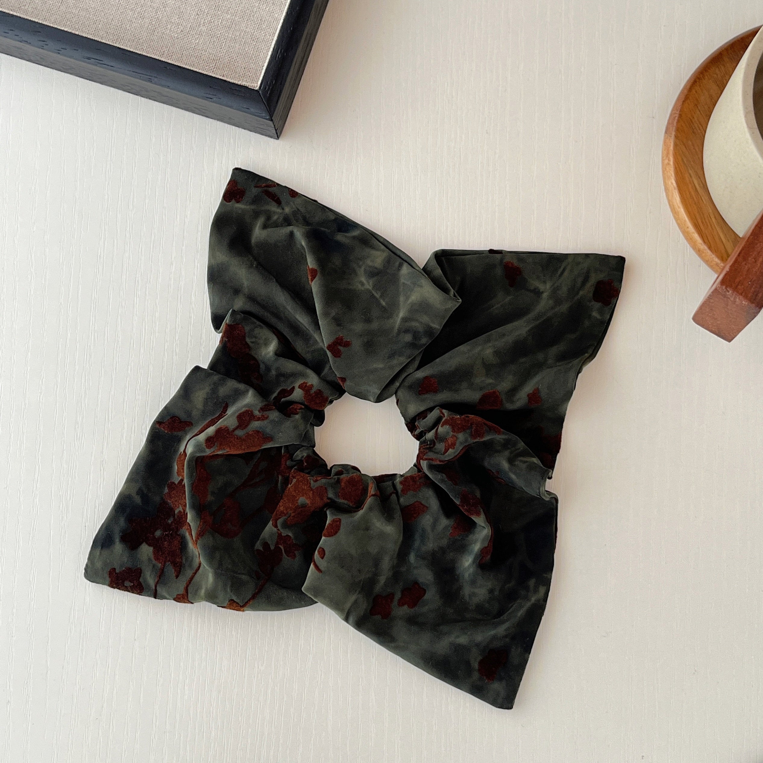 "Liquid Velvet" 3D Flocked Floral Oversized Scarf Scrunchie — Deep Forest