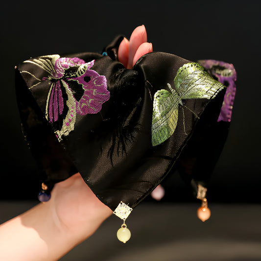 "Midnight Monarch" Oversized Embroidered Scarf Scrunchie — Noir Ink