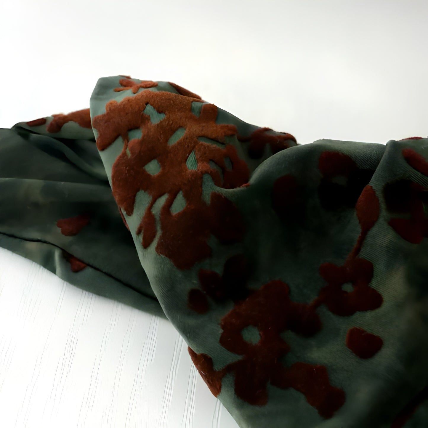 "Liquid Velvet" 3D Flocked Floral Oversized Scarf Scrunchie — Deep Forest