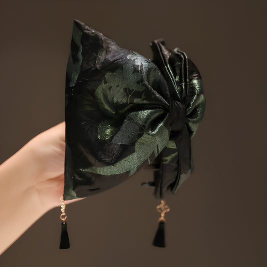 "Emerald Whisper" 13cm Oversized Silk Claw Clip — Noir Tassel Edition
