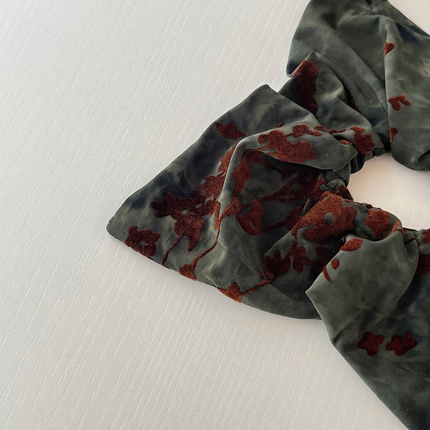"Liquid Velvet" 3D Flocked Floral Oversized Scarf Scrunchie — Deep Forest