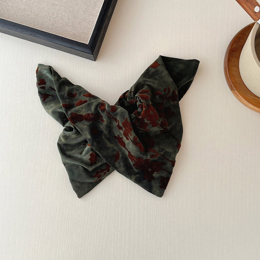 "Liquid Velvet" 3D Flocked Floral Oversized Scarf Scrunchie — Deep Forest