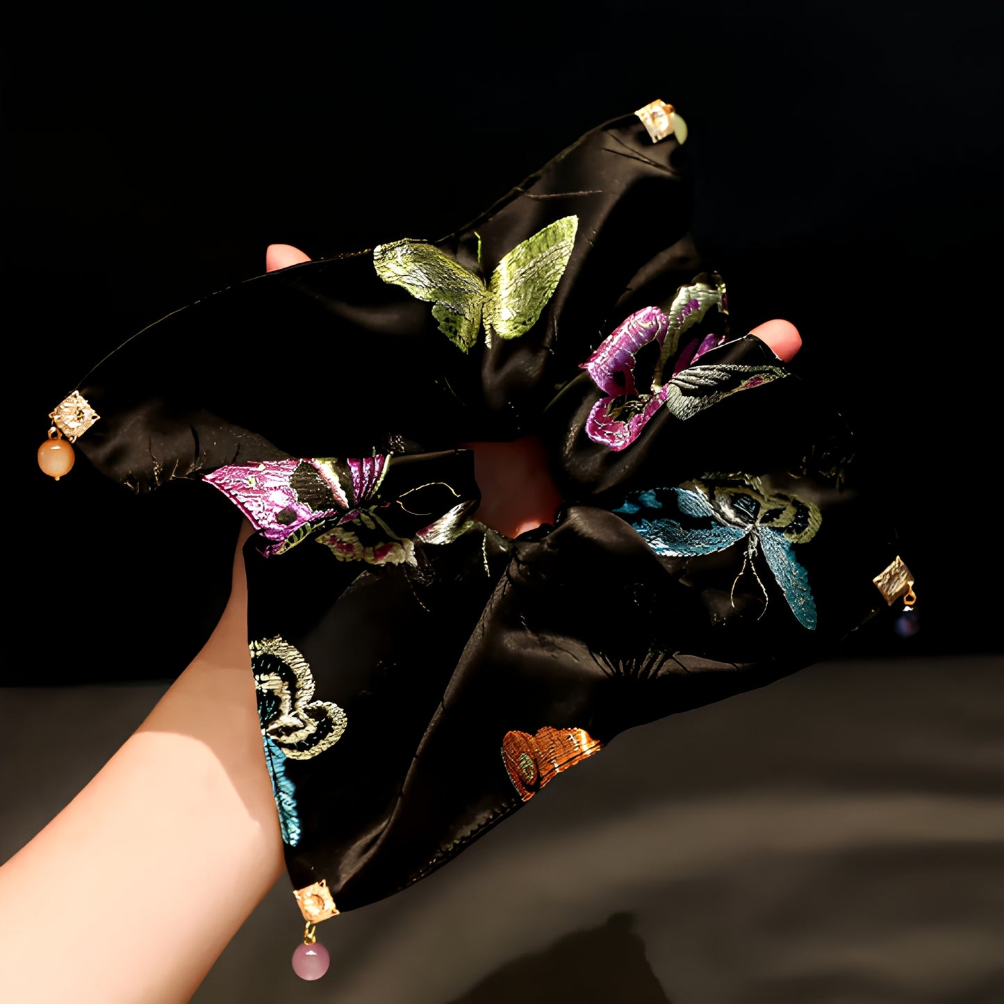 "Midnight Monarch" Oversized Embroidered Scarf Scrunchie — Noir Ink