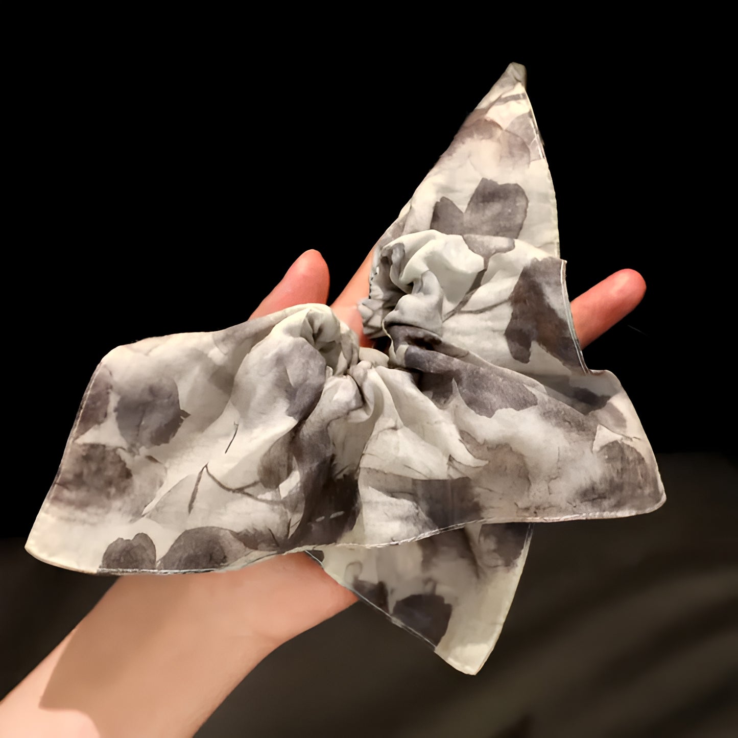 "Zen Mist" Pure Ramie Oversized Scarf Scrunchie — Ink-Wash Botanic