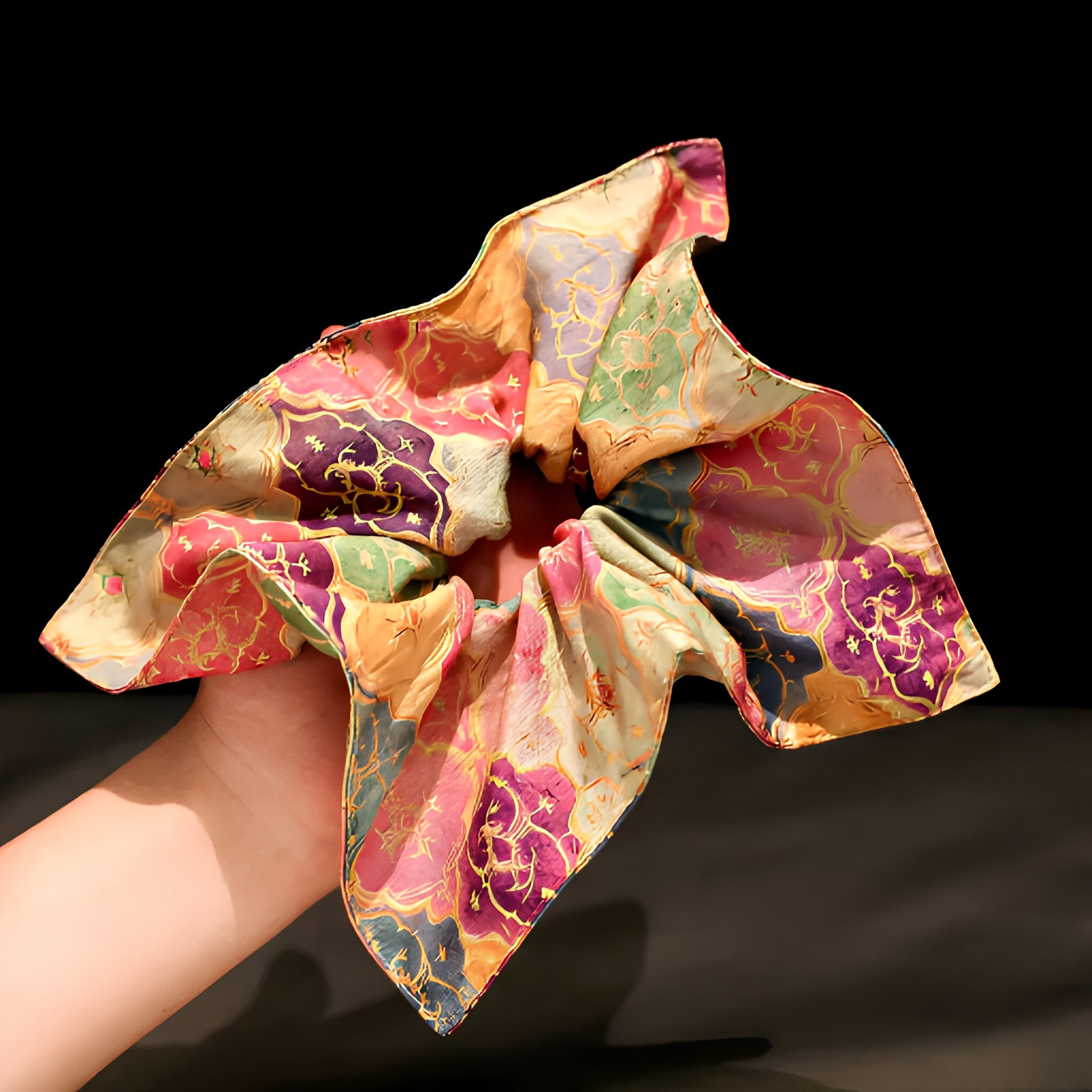 "Golden Mirage" Oversized Dunhuang Silk Scarf Scrunchie — Imperial Floral