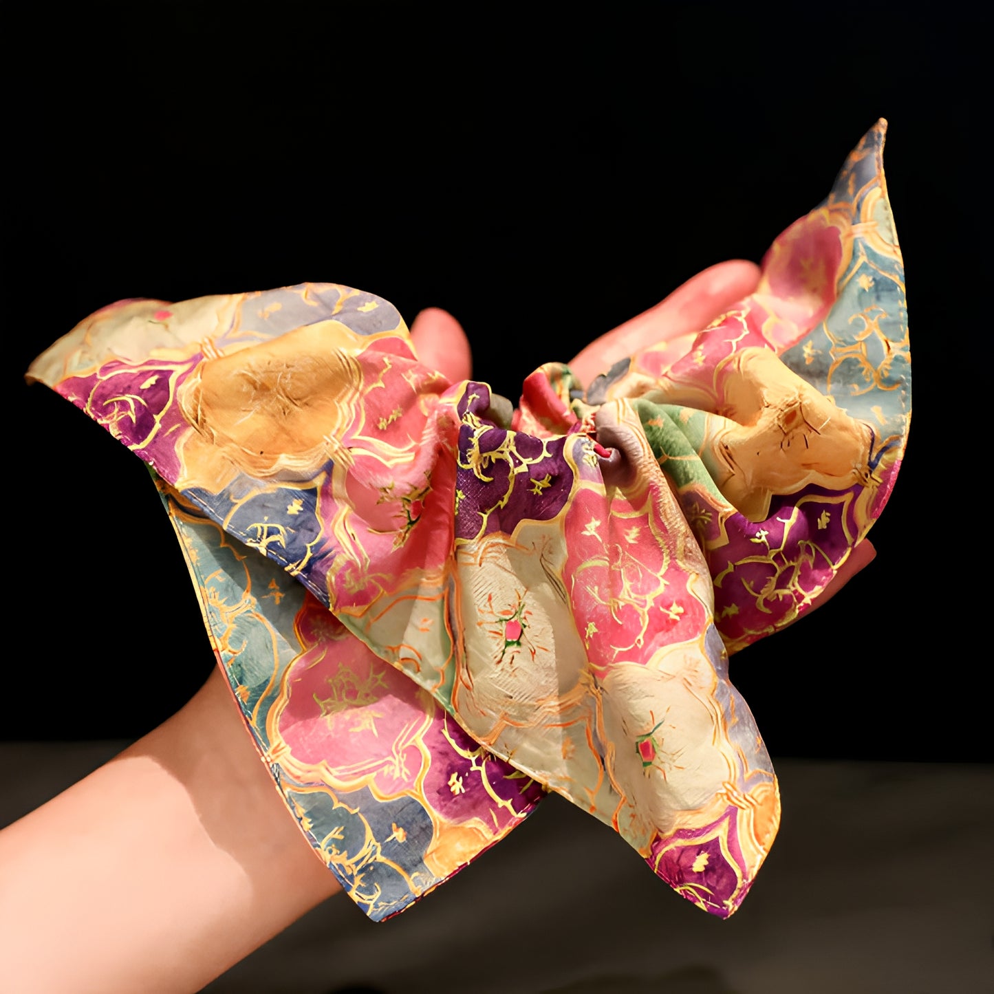"Golden Mirage" Oversized Dunhuang Silk Scarf Scrunchie — Imperial Floral