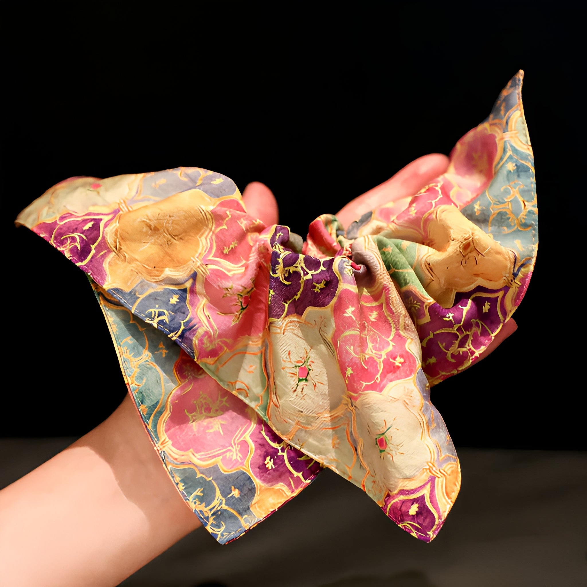 "Golden Mirage" Oversized Dunhuang Silk Scarf Scrunchie — Imperial Floral