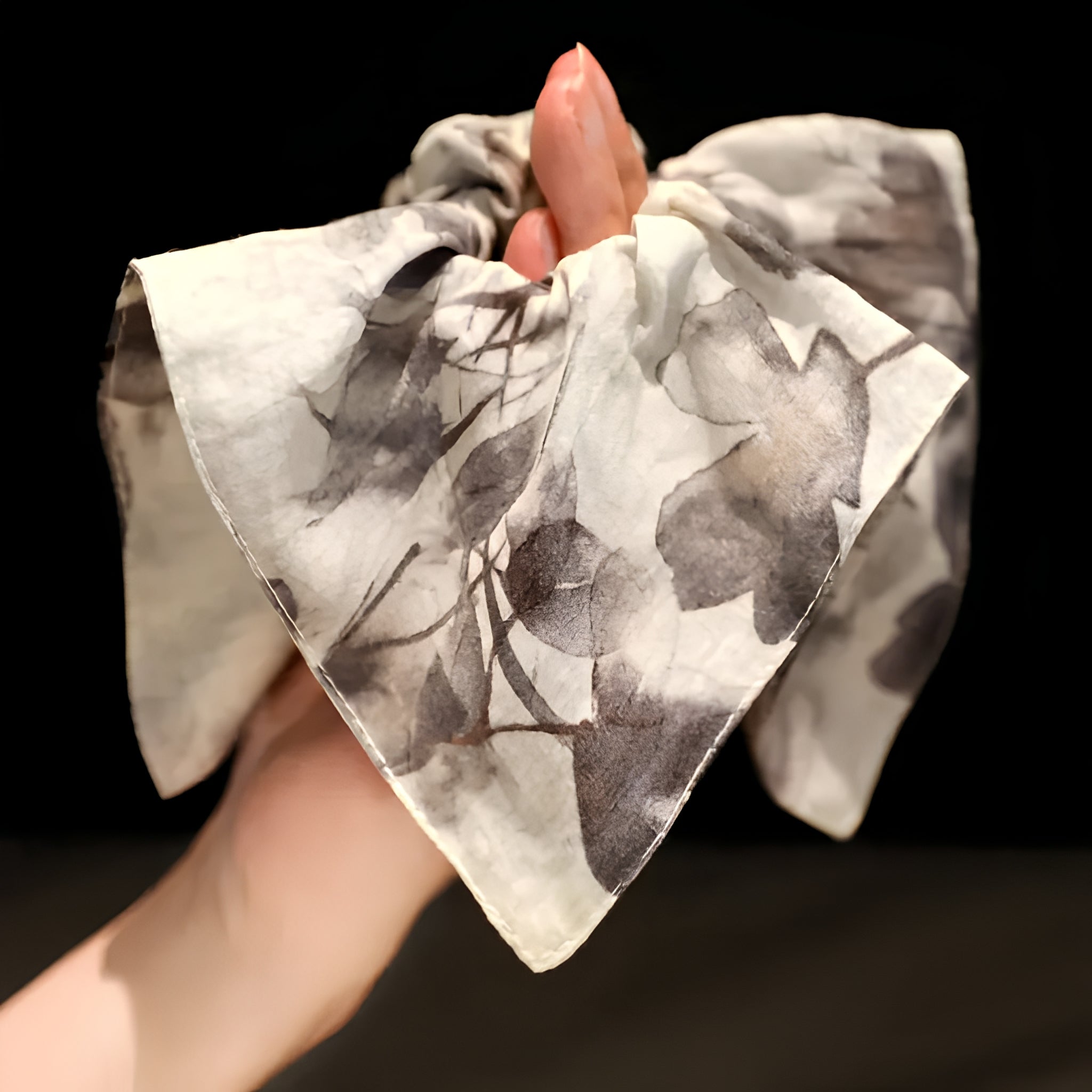 "Zen Mist" Pure Ramie Oversized Scarf Scrunchie — Ink-Wash Botanic