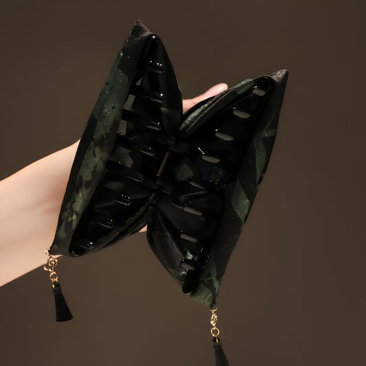 "Emerald Whisper" 13cm Oversized Silk Claw Clip — Noir Tassel Edition